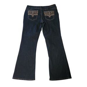 Rhythm in Blues Jeans Flare Boot Cut Blue Embroidered Rhinestone Womens Sz 14